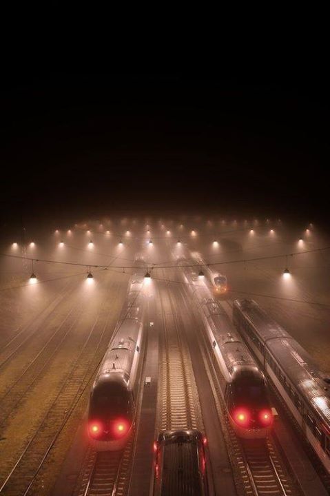 photograph of some traintracks at night. the top half of the image is entirely dark, but the bottom half has bright lights hanging from what appears to be strings illuminating traintracks and 4 trains with red headlights